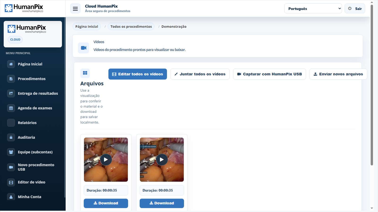 HumanPix Cloud no navegador com a lista de v&iacute;deos do procedimento e os bot&otilde;es de download