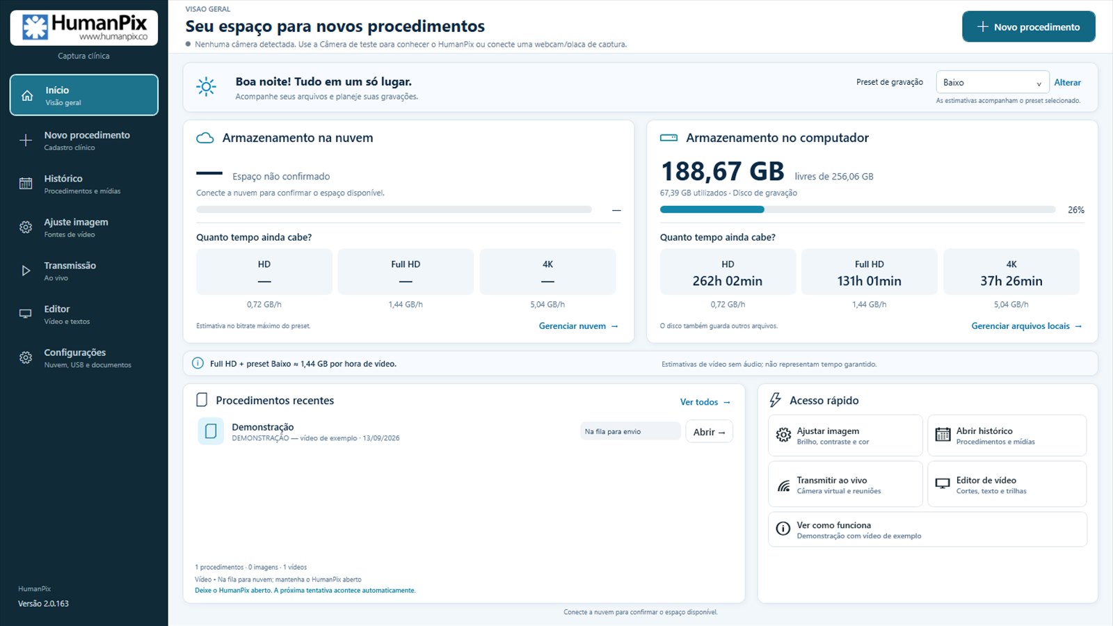 Tela principal do HumanPix Software com espa&ccedil;o no computador e na nuvem, estimativa de horas de grava&ccedil;&atilde;o e procedimentos recentes