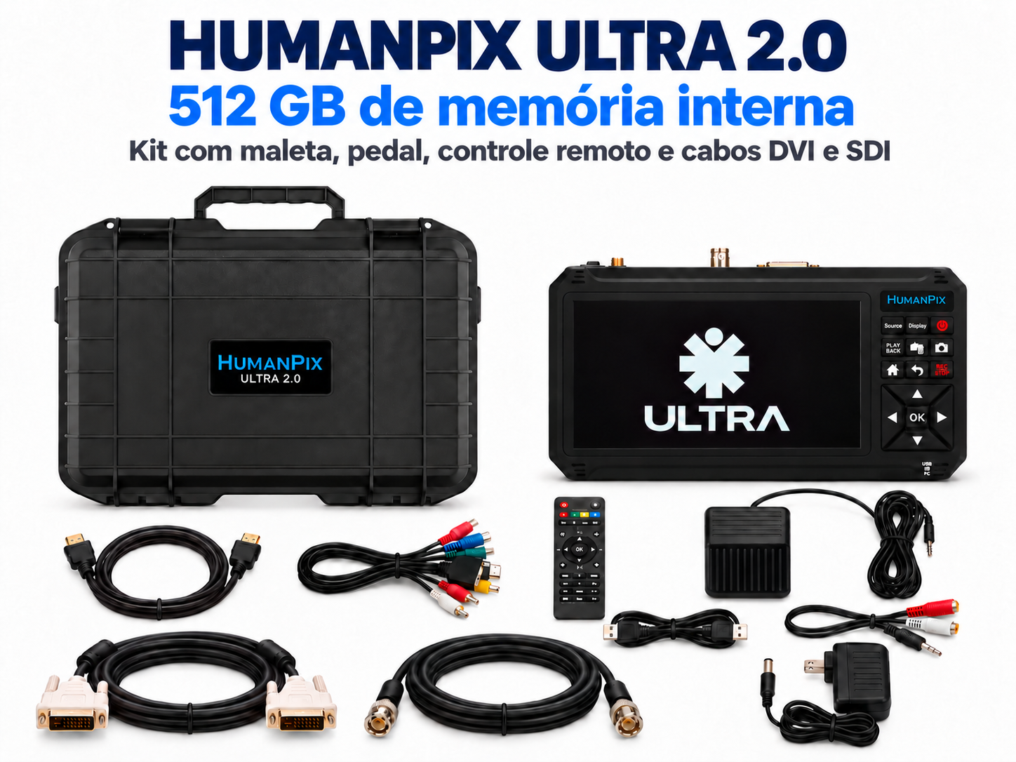 Kit HumanPix ULTRA 2.0 com a indica&ccedil;&atilde;o de 512 GB de mem&oacute;ria interna e os cabos DVI e SDI